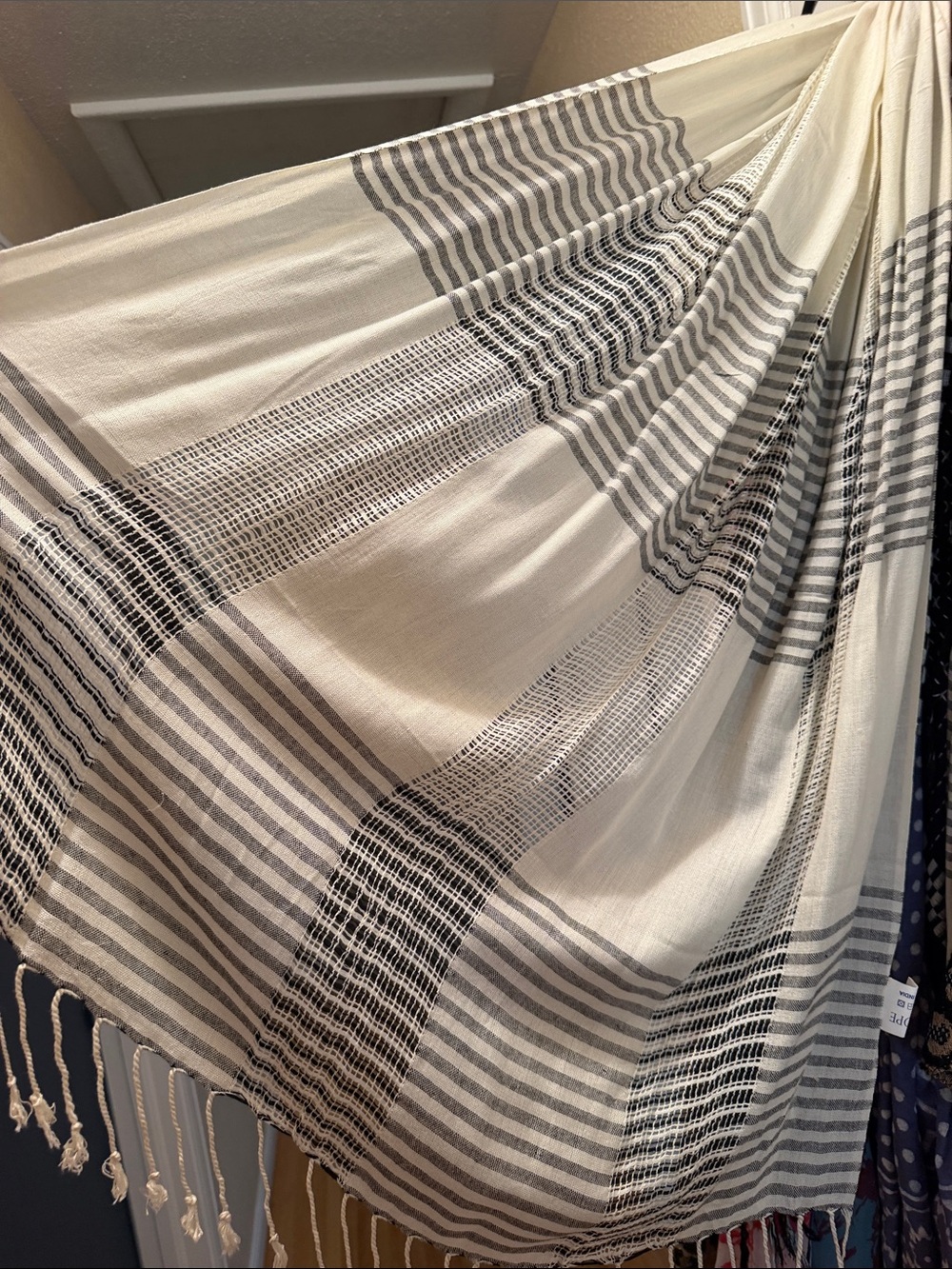 Trades of Hope brand- Striped Woven Fringe Scarf Shawl - Cream & black